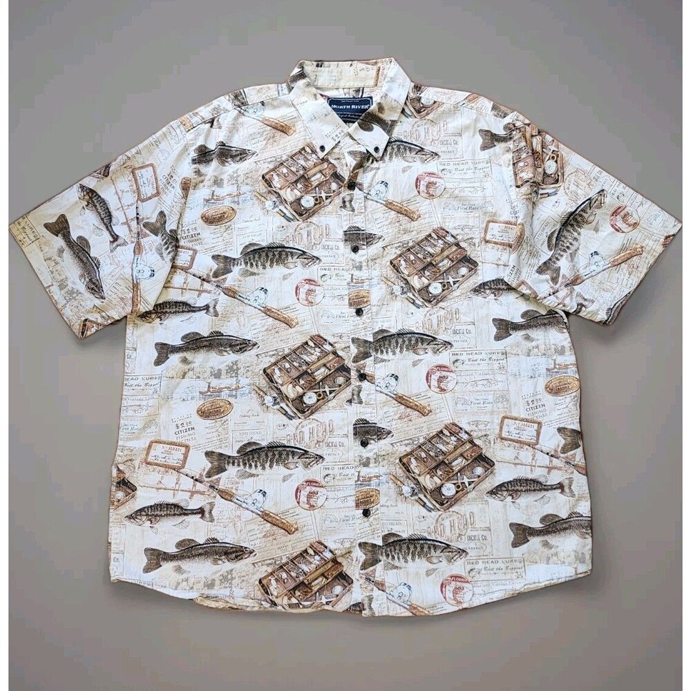 North River Fishing Print Button-Down Shirt - XL - 100% Cotton